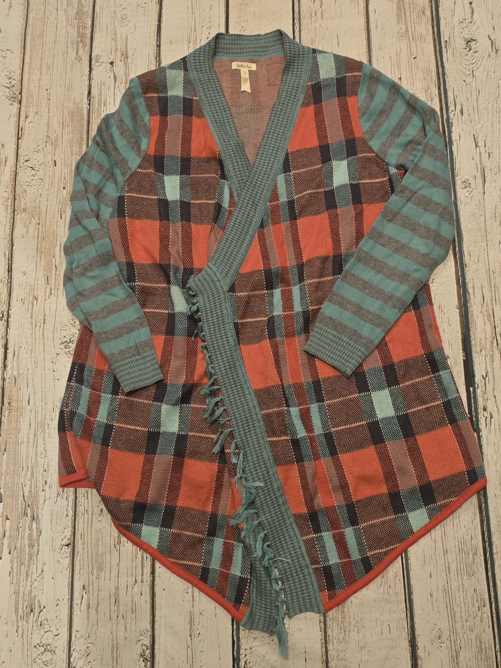 Matilda Jane Women's Large Plaid Fringe Cardigan Sweater